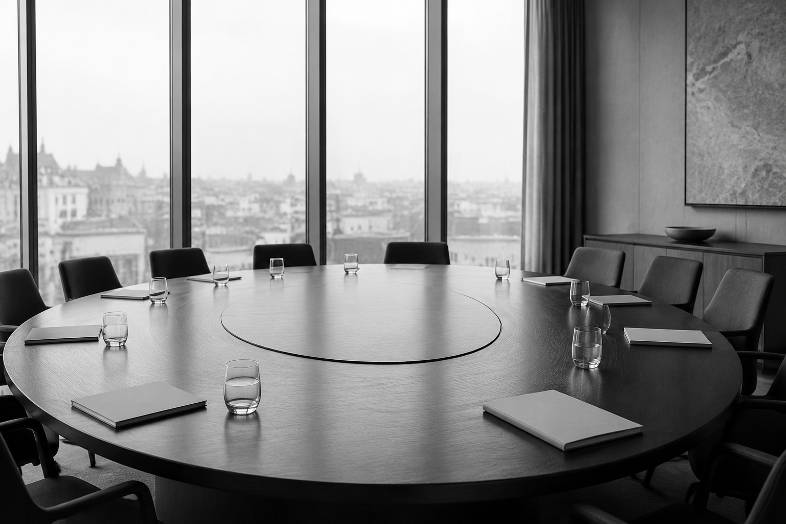 A quiet contemporary boardroom prepared for an international strategy meeting