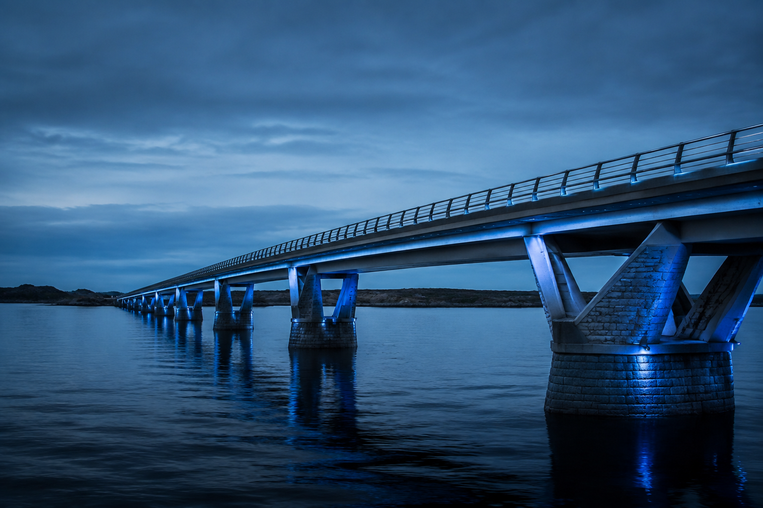 A refined modern bridge spanning dark water at blue hour