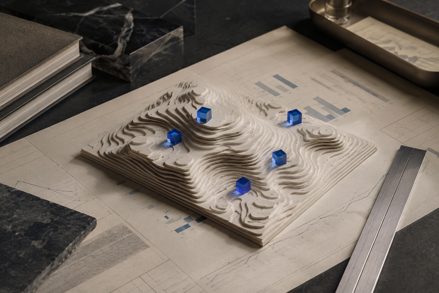 A strategic planning model with cobalt glass markers and refined analytical materials