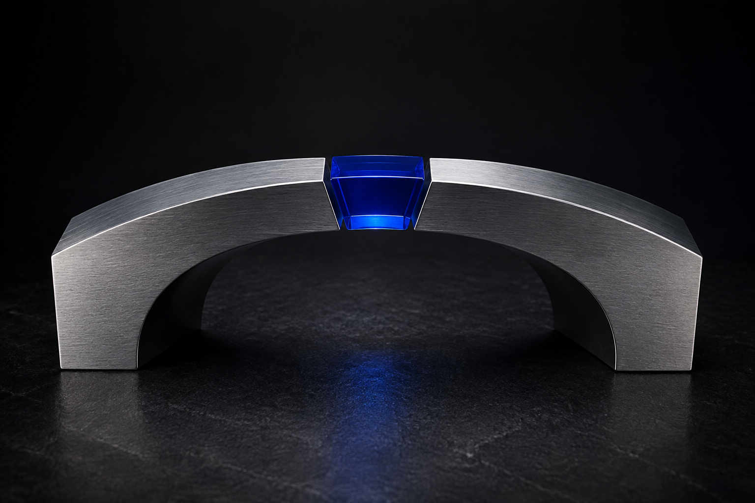 Two precisely fitted steel bridge spans joined by a cobalt glass keystone